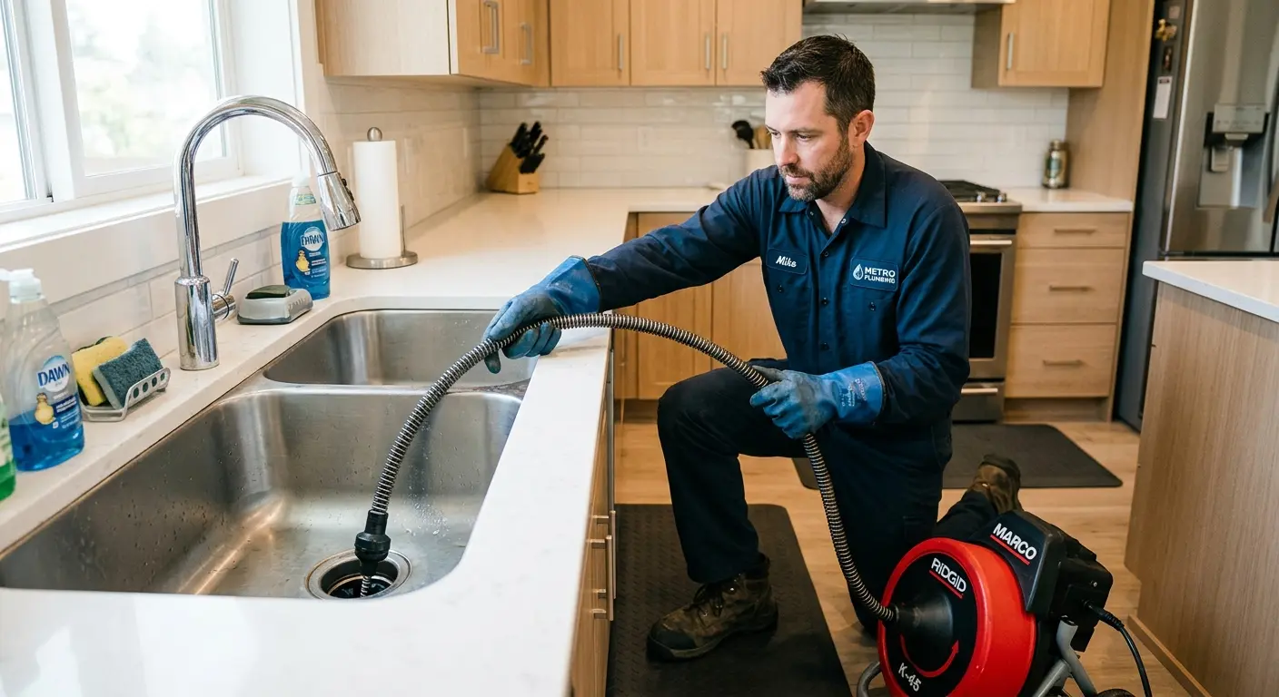 Drain cleaning technician using a motorized snake on a kitchen sink in Pompey