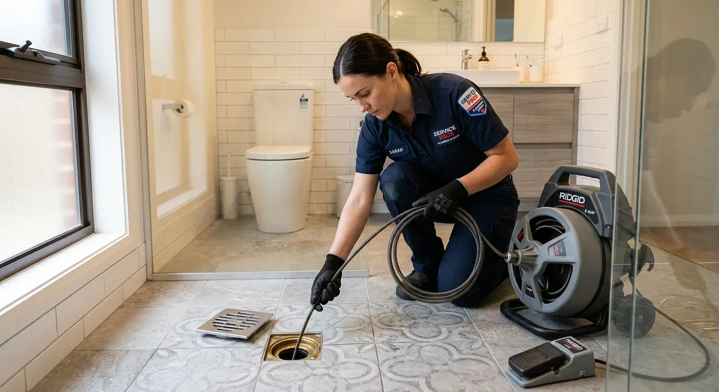 Technician clearing a bathroom floor drain for Hydro Jetting in Pompey